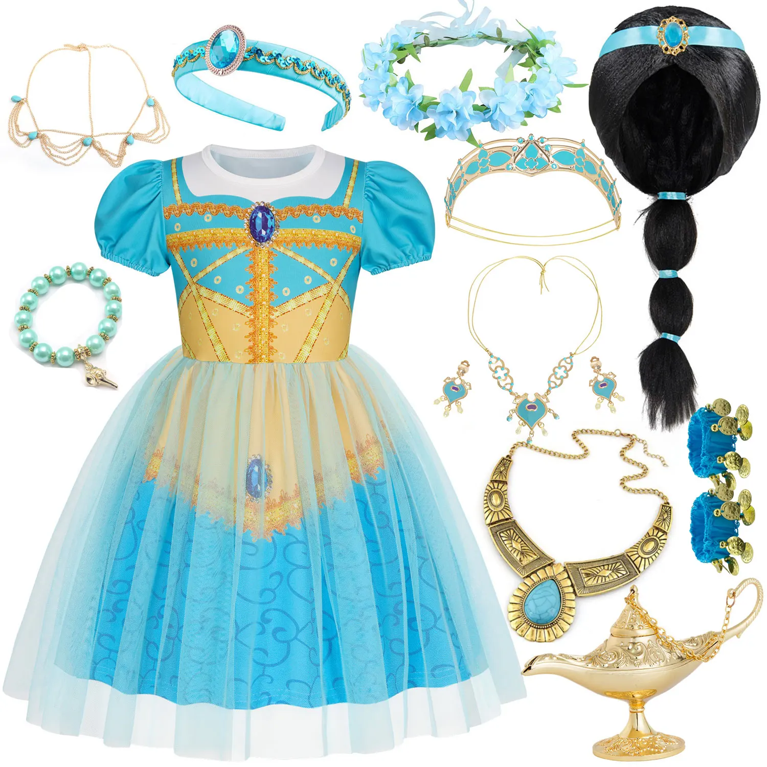 Cuento de hadas Las mil y una noches La lámpara mágica de Aladdín Disney Nueva princesa Jasmine Conjunto de vestido de manga corta para carnaval y festividades