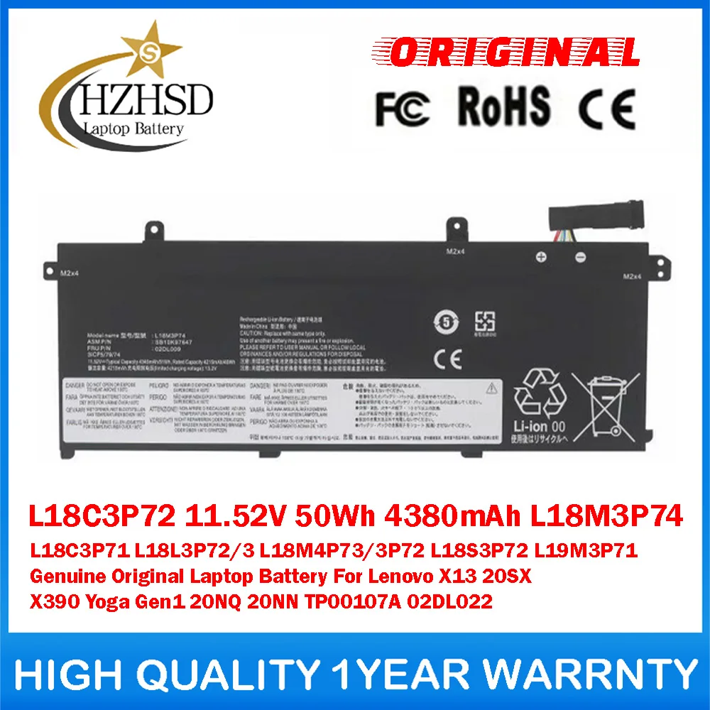 

L18C3P72 11.52V 50Wh 4380mAh L18M3P74 L18C3P71 L18L3P72/3 L18M4P73/3P72 Genuine Original Laptop Battery For Lenovo X13 20SX X390