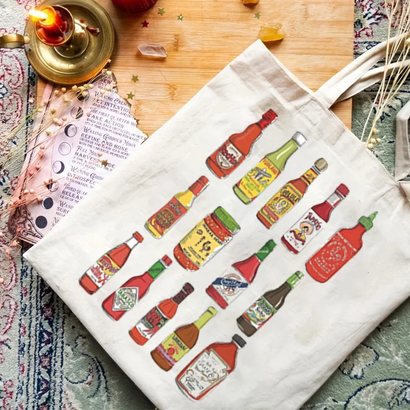 1pc Vintage Hot Sauce Muster Einkaufstasche niedliche Einkaufstasche Trage tasche lässige Leinwand Umhängetasche Handtasche & Shopping Geschenk Tasche