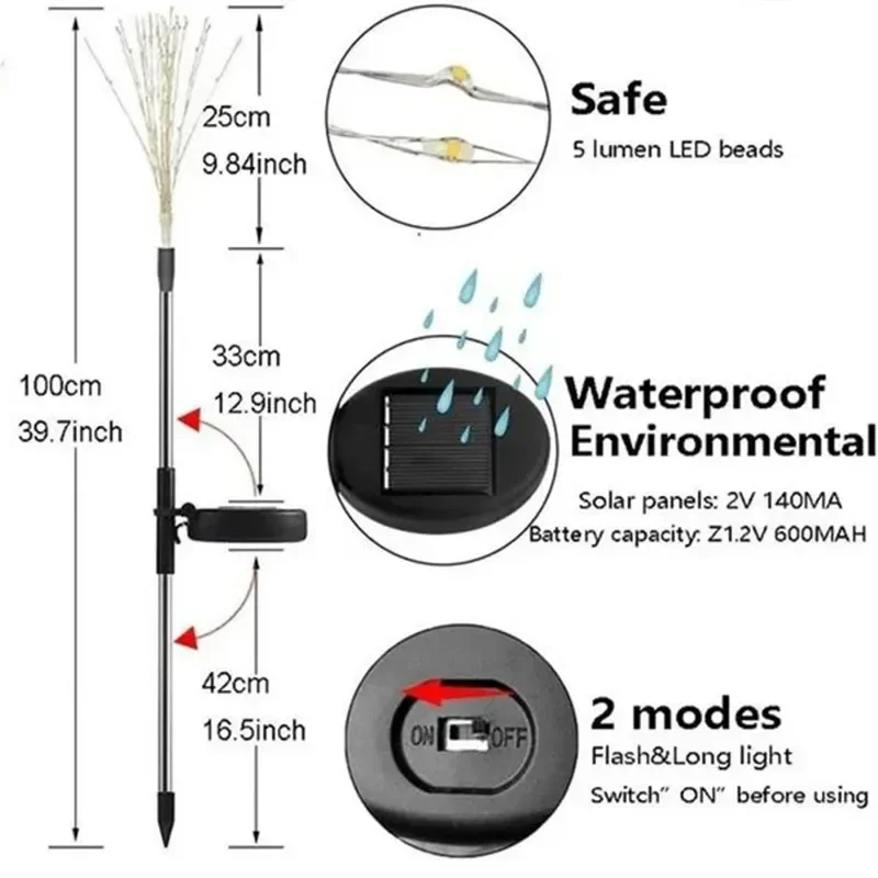 200LED Solar Feuerwerk Lampe Outdoor Löwenzahn Licht Kupferdraht Fee LED Garten Weg Rasen Dekoration