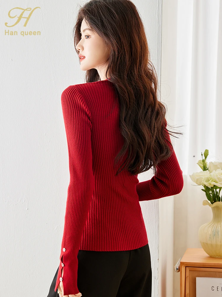 H Han Queen Autumn Winner Fashion Vintage Red Pullover Sweater Womens Vintage Casual Tops Women Basic Knitted Pullovers