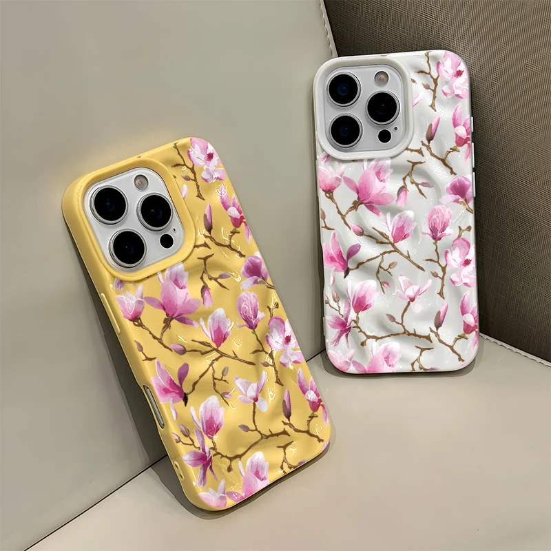 Weiche Silikon-Handyhülle für iPhone 17 Pro Max 15 Air 14 16 Plus 13 12 11 mit Schönem Blumenmuster, Geknitterter 3D-Textur und Wellenmuster