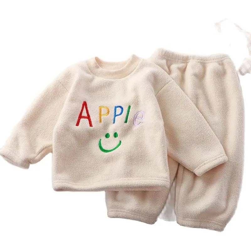 Children's pajama set autumn winter boys girls plush thick pajama set infants young children Korean version warm home clothing