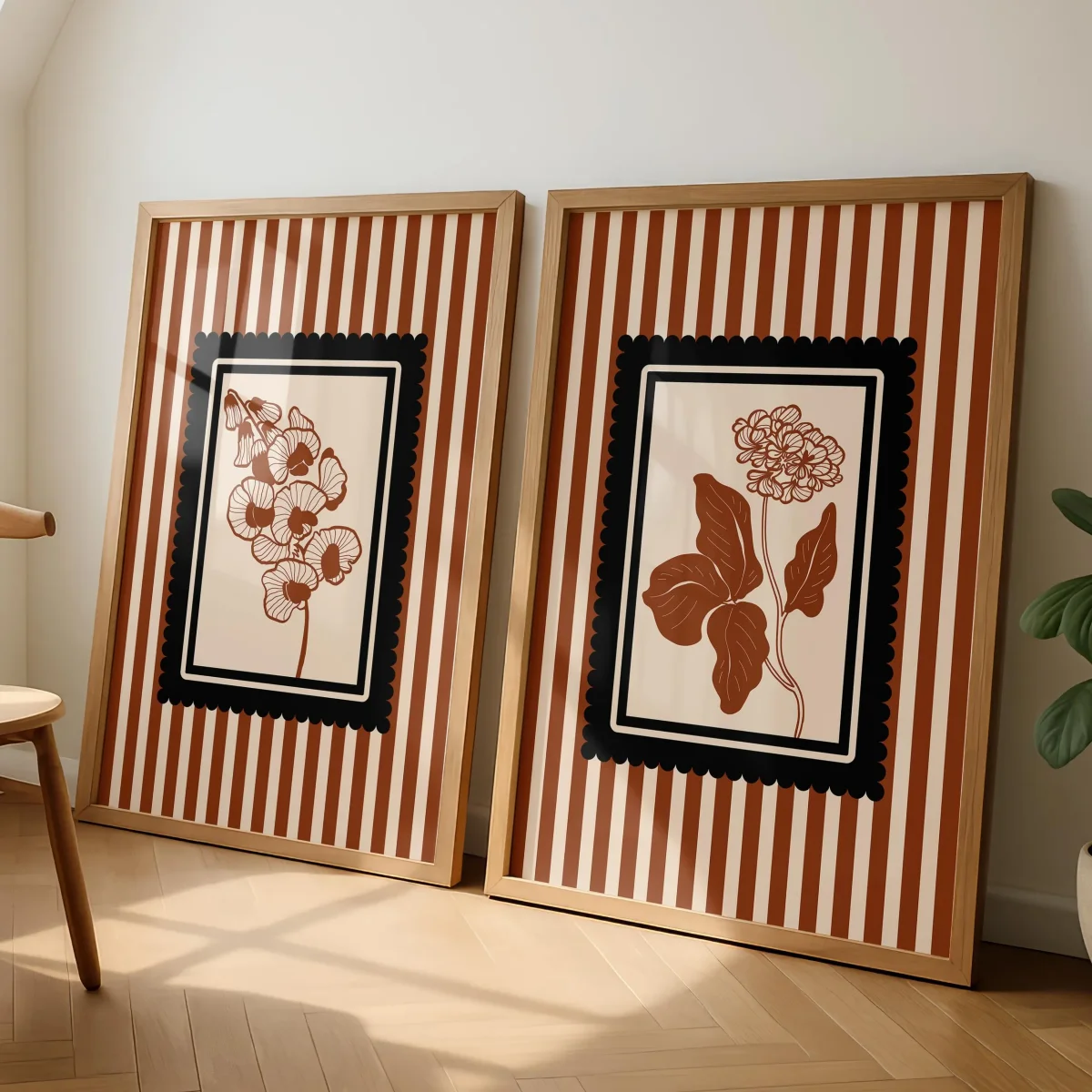 2pcs/set Bohemian Striped Floral Canvas Print Poster Vintage Cottagecore Botanical Art Prints Living Room Wall Art Home Decor