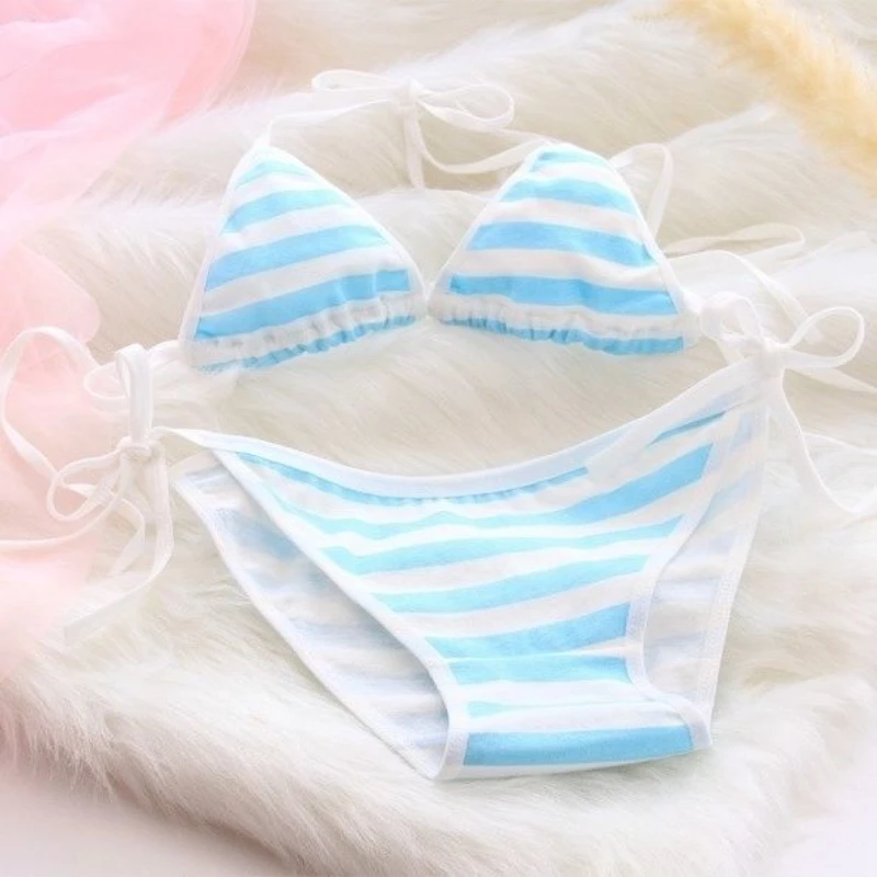 

Japanese sweet anime blue and white striped classic bikini suit cute style hot girl breathable bra underpants suit
