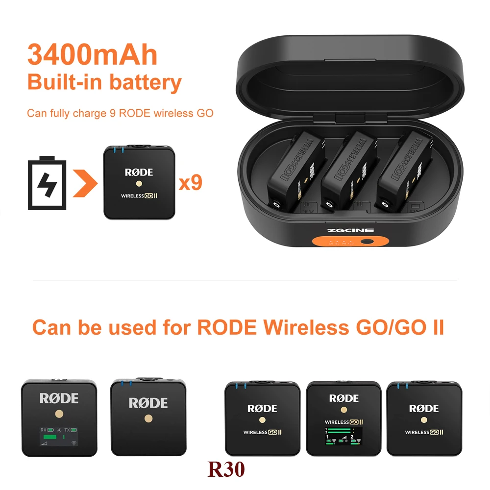 ZGCINE ZG-R30/R30 Pro 3400mAh Built-in Battery Power Bank Fast Charging Box Rechargeable Case for Rode Wireless GO II 2 I