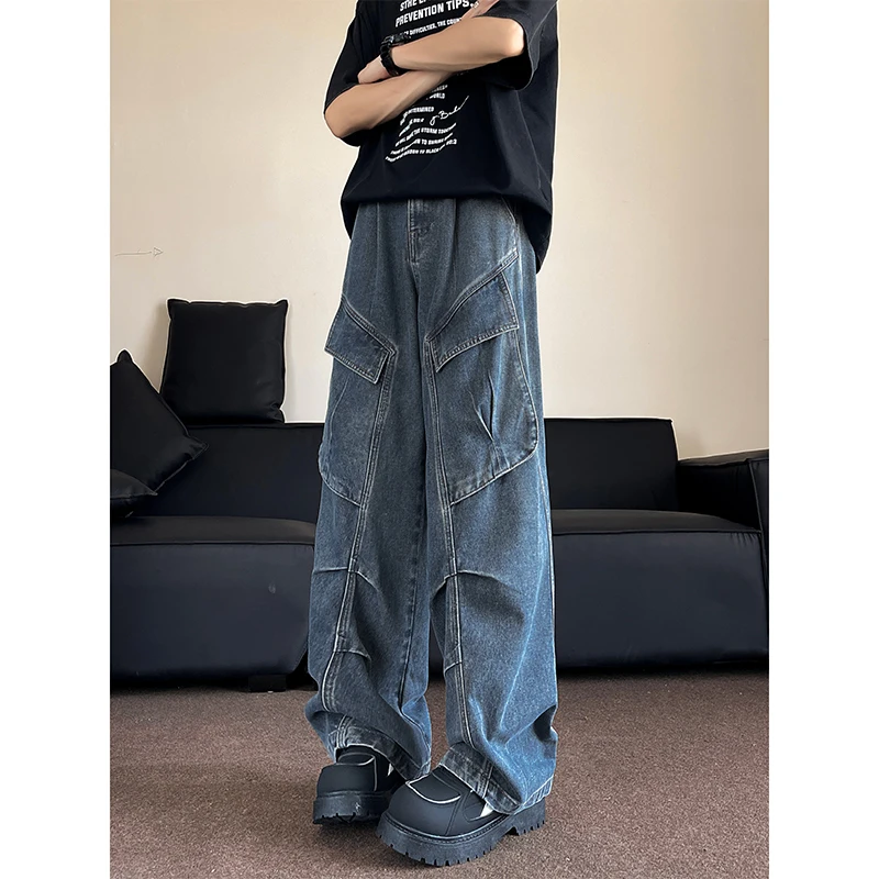 

Men's Washed Pleated Denim Pants Autumn Loose Fit Wide Leg Jeans with Oversized Pockets for Casual Streetwear Bottoms M-XXXL