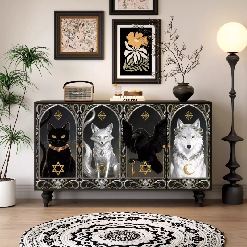 

French retro solid wood dining side cabinet painted entrance cabinet hotel homestay locker living room bedroom storage cabinet