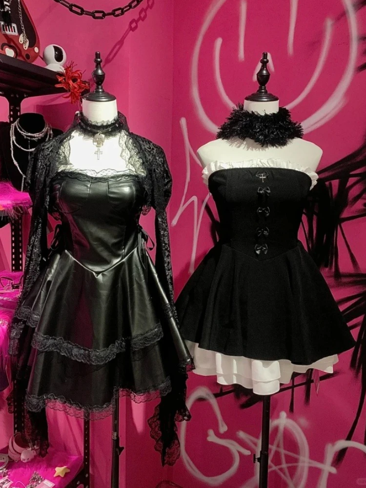 Robe en cuir PU noir pour femme, élégante et Sexy, esthétique, Design gothique, robes de soirée, Chic, vêtements populaires coréens, Y2k, nouvelle collection 2000