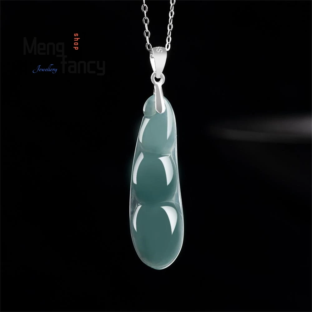 S925 Silver Natural A-goods Jadeite Ice Blue Water Blessed Bean Jade Pendant Simple Exquisite Charm Best Selling Fashion Jewelry