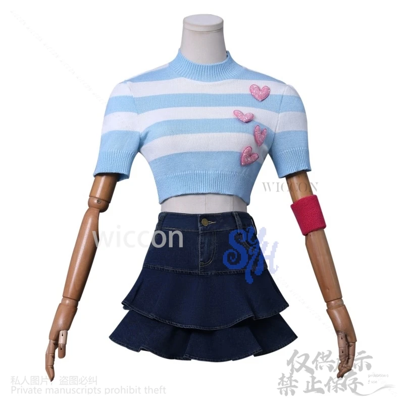 أنيمي فوز كلوب تأثيري بلوم زي جيراي كي الفتيات ريترو مخطط محبوك القلب جميل تي شيرتات قصيرة الاكمام فستان قصير كوس