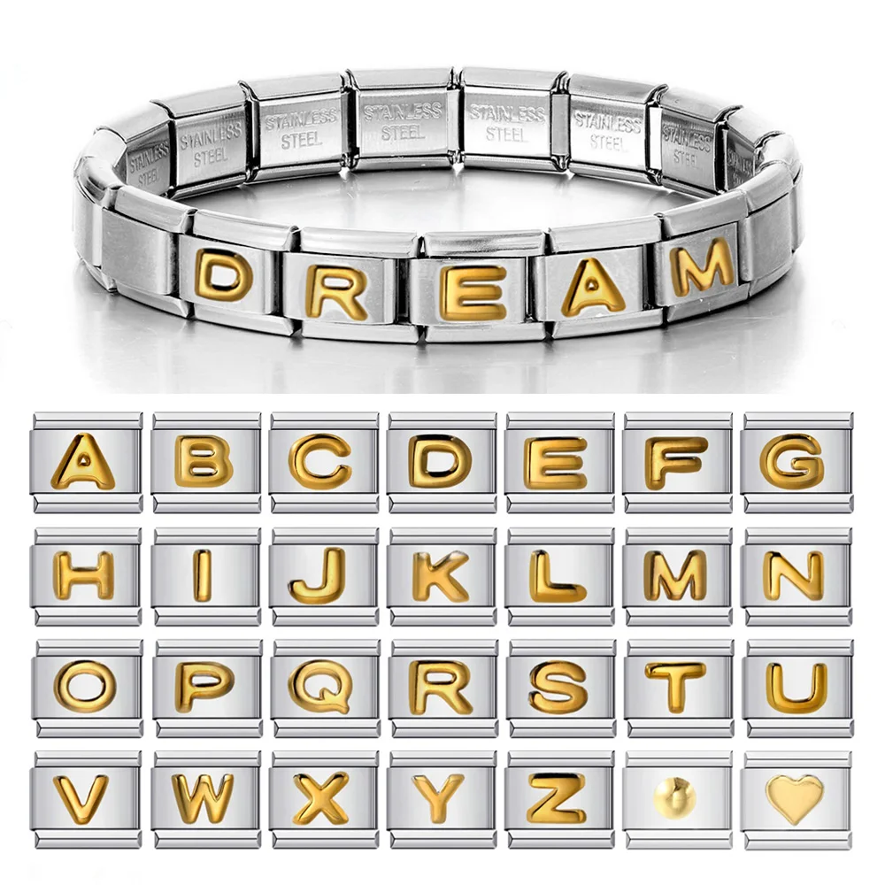 2025 New Fashion 26 English Letters Italian Charm Links Fit 9mm Stainless Steel Bracelet Making Women Jewelry Chain