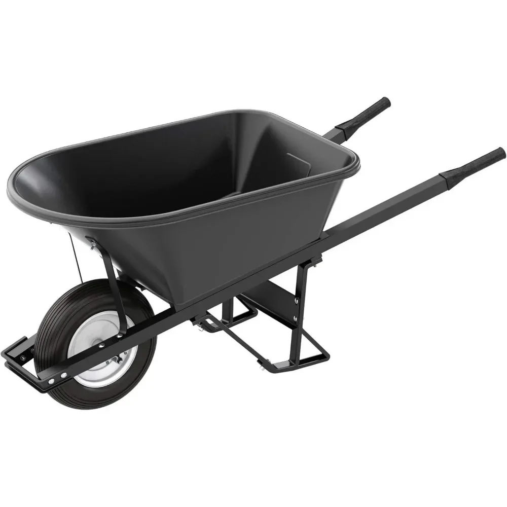 908 Premium Contractor Grade Poly-Tray Single Wheel Wheelbarrow With Steel Handle and Ribbed Tire Cargo Trolleys Garden Carts