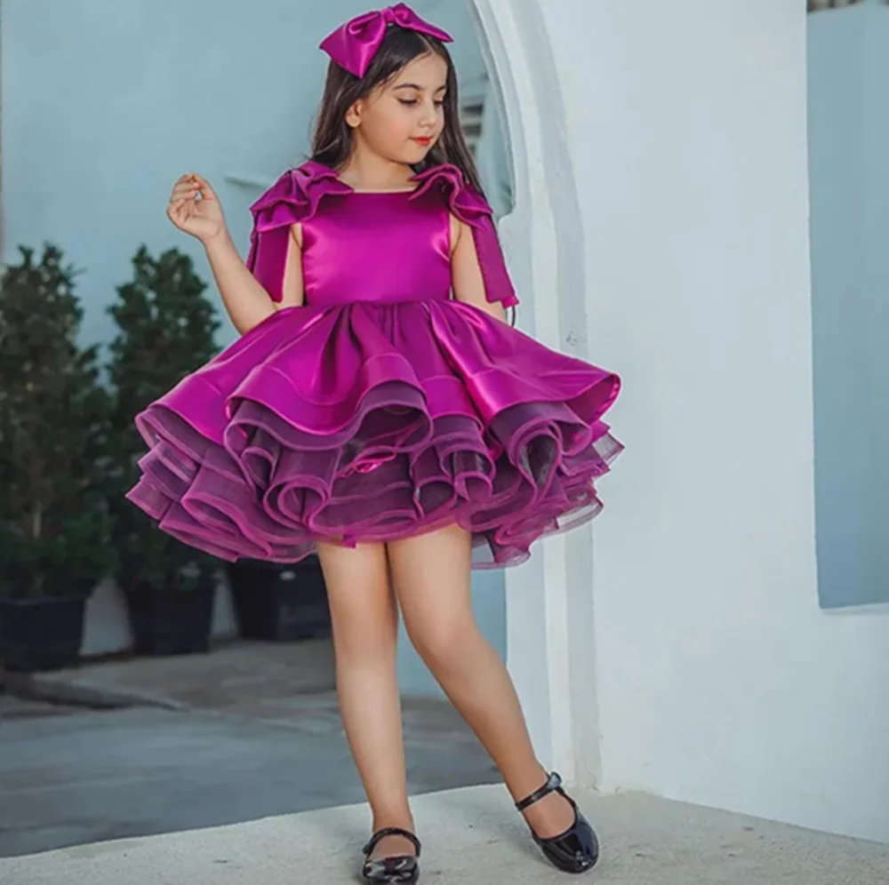 

Customized Fuchsia Flower Girl Dresses For Wedding Satin Puffy With Bow Princess Birthday Party Photo Shoot Elegant Prom Gown