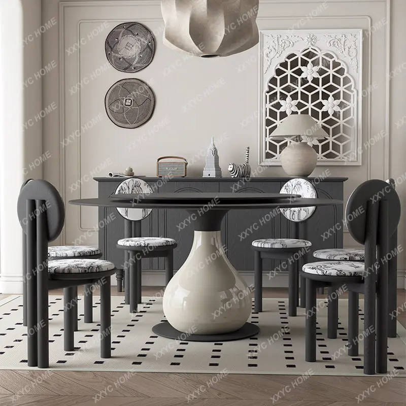 AA retro style round rock slab dining table rotating disc household small apartment light luxury high-end imported table
