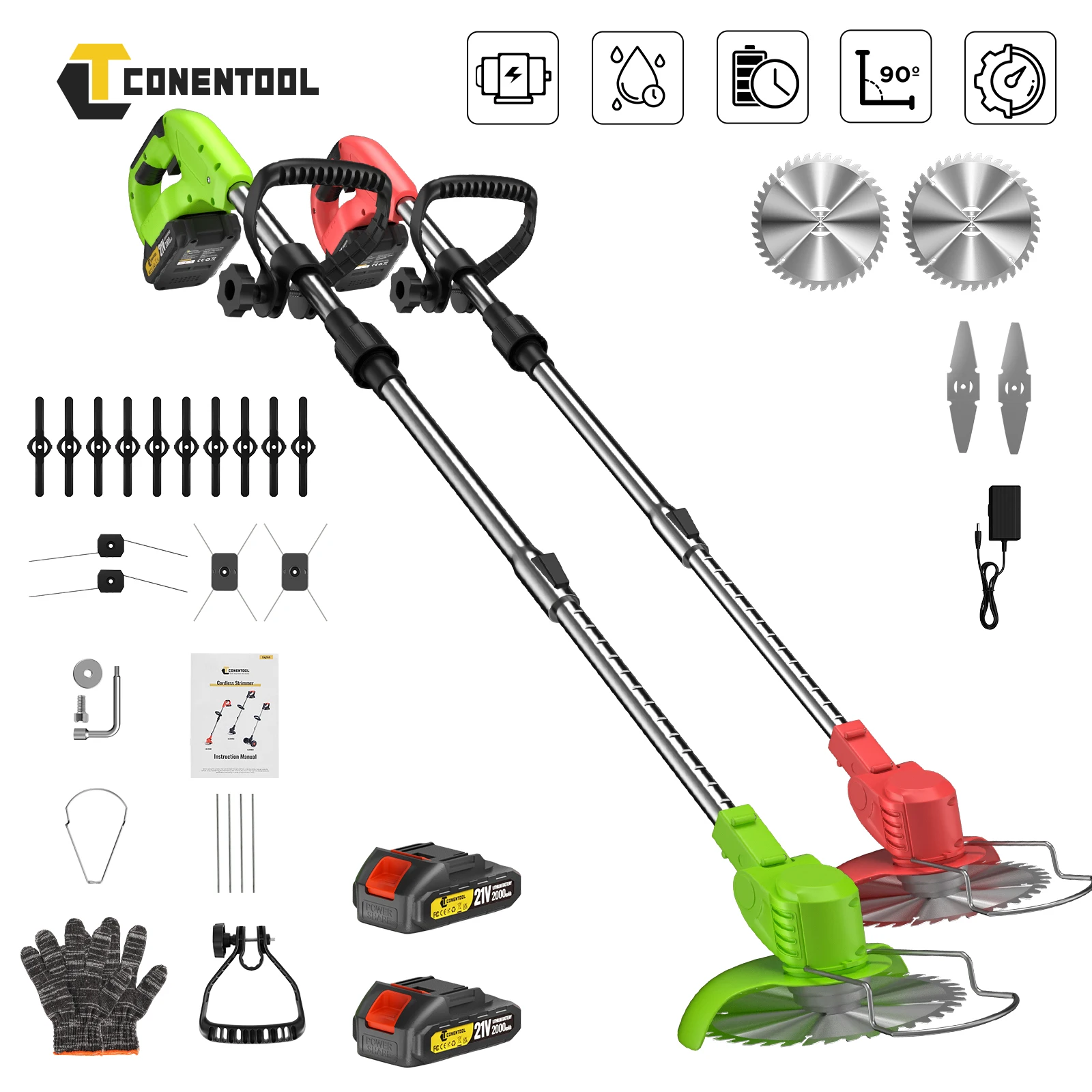 CONENTOOL 21V Cordless Grass Trimmer 6 Inch Foldable Electric Lawn Mower with 5 Types Blades & Battery Garden Yard Pruning Tools