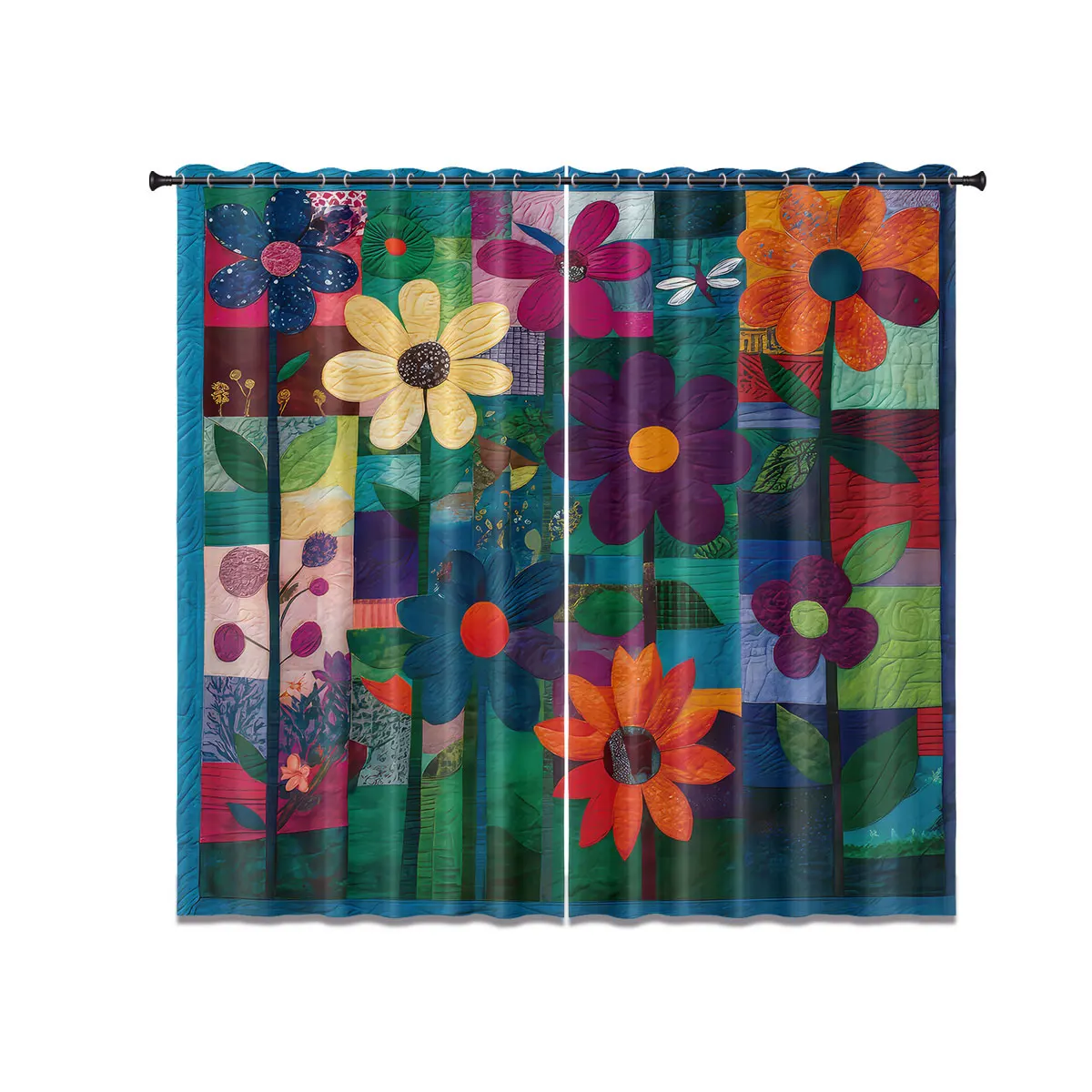 

2pcs fabric splicing flower print blackout curtain thermal insulation multiple size living room decoration machine washable