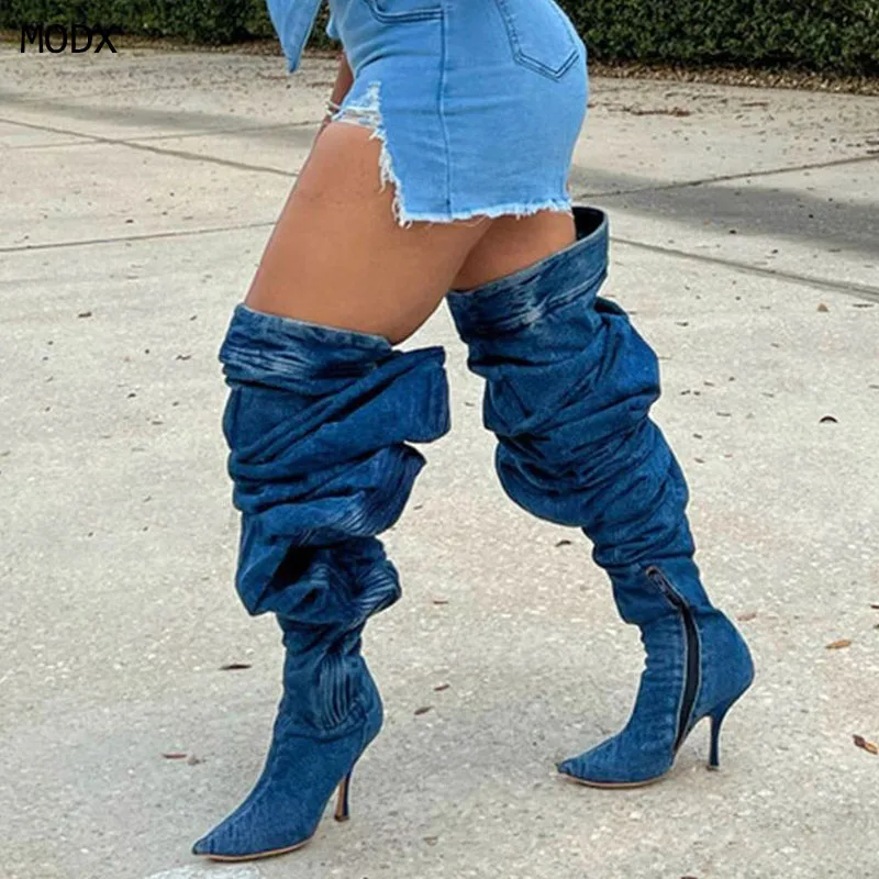 

2025 Fashion High Heels Boots Pointed Toe Over Knee Blue Denim Gladiator Boots Long High Heel Jean Boots Shoes Ladies Shoes 44