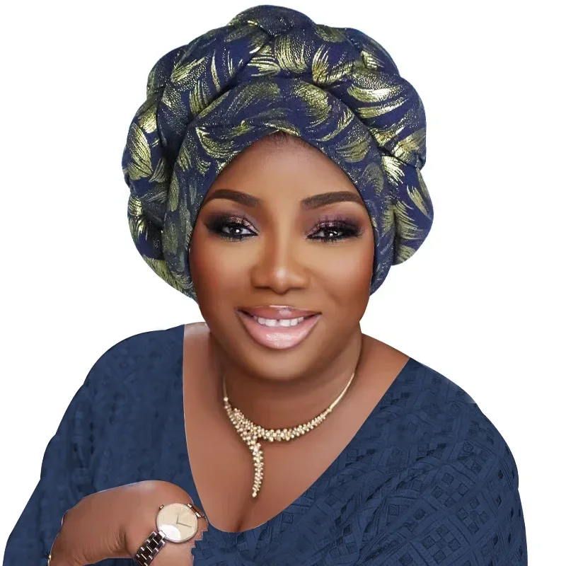 

Gold Stamping Braids Turban Cap Hijab for Women Lady Muslim Hijab Bonnet African Auto Gele Headtie Nigerian Head Wrap Wedding