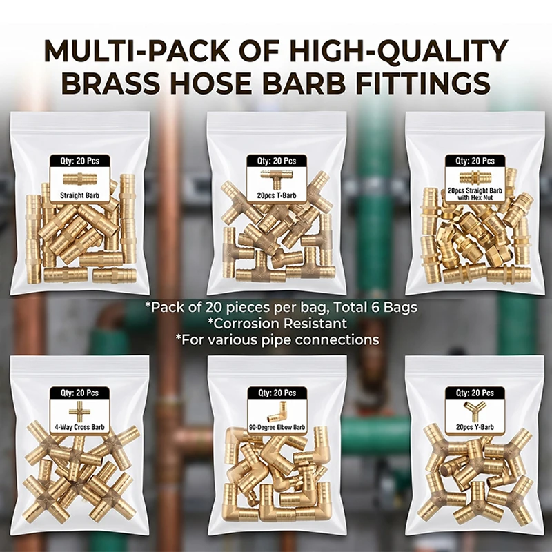 20PCS Brass Hose Barb Fittings Kit, Pagoda Style Pipe Connectors for 6–19mm Water and Air Hose, 2 3 4 Way Couplers Included