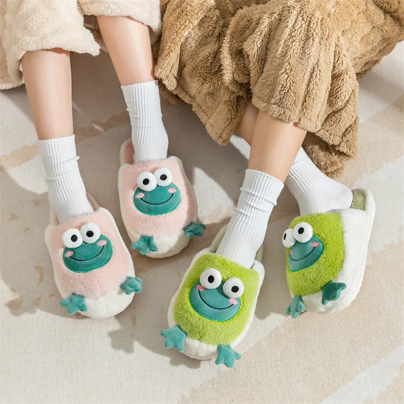 2023 Winter Slippers Women Men Home Floor Shoes Cute Frog Keep Warm Soft Plush Couples Indoor Slides Ladies Cotton Footwear