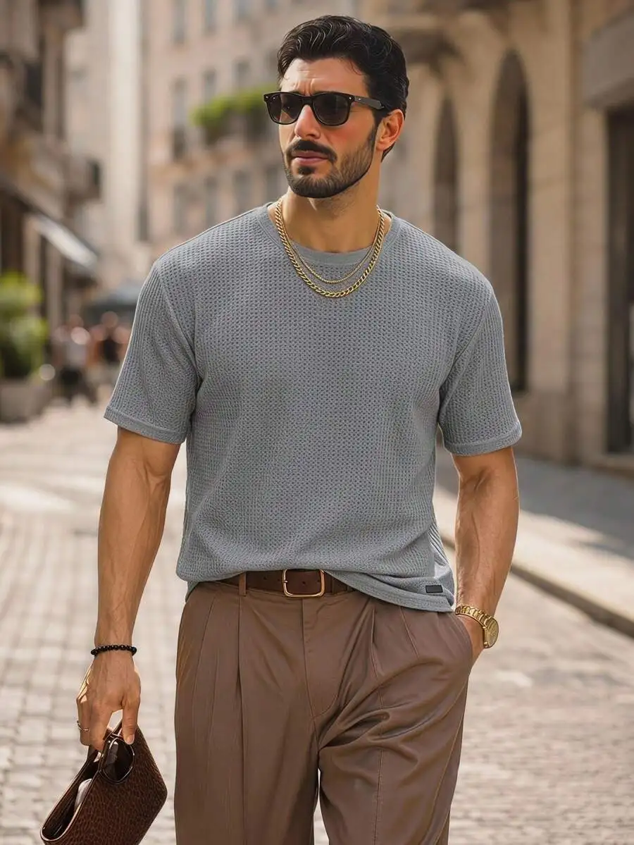 Loose Fit Mens Waffle Knit Casual T-Shirt