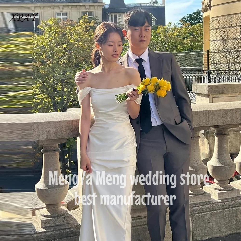 ZHUISHU Elegant Off Shoulder Wedding Customized Receipt Dress Korea Photo shoot Silk Satin Floor Bridal Gowns Corset Back Simple