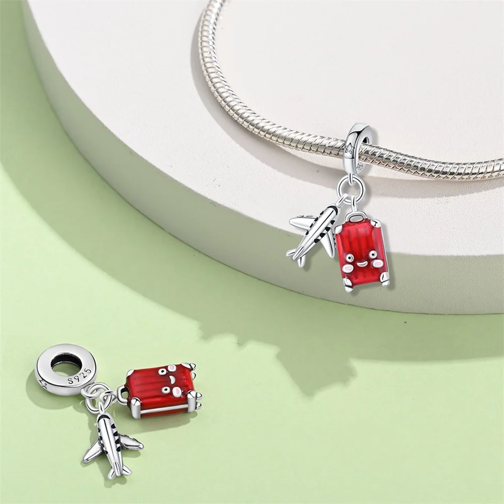 

Original Charms 925 Sterling Silver Red Suitcase Pendant Beads Fit Bracelet Women Jewelry Making Diy Gift