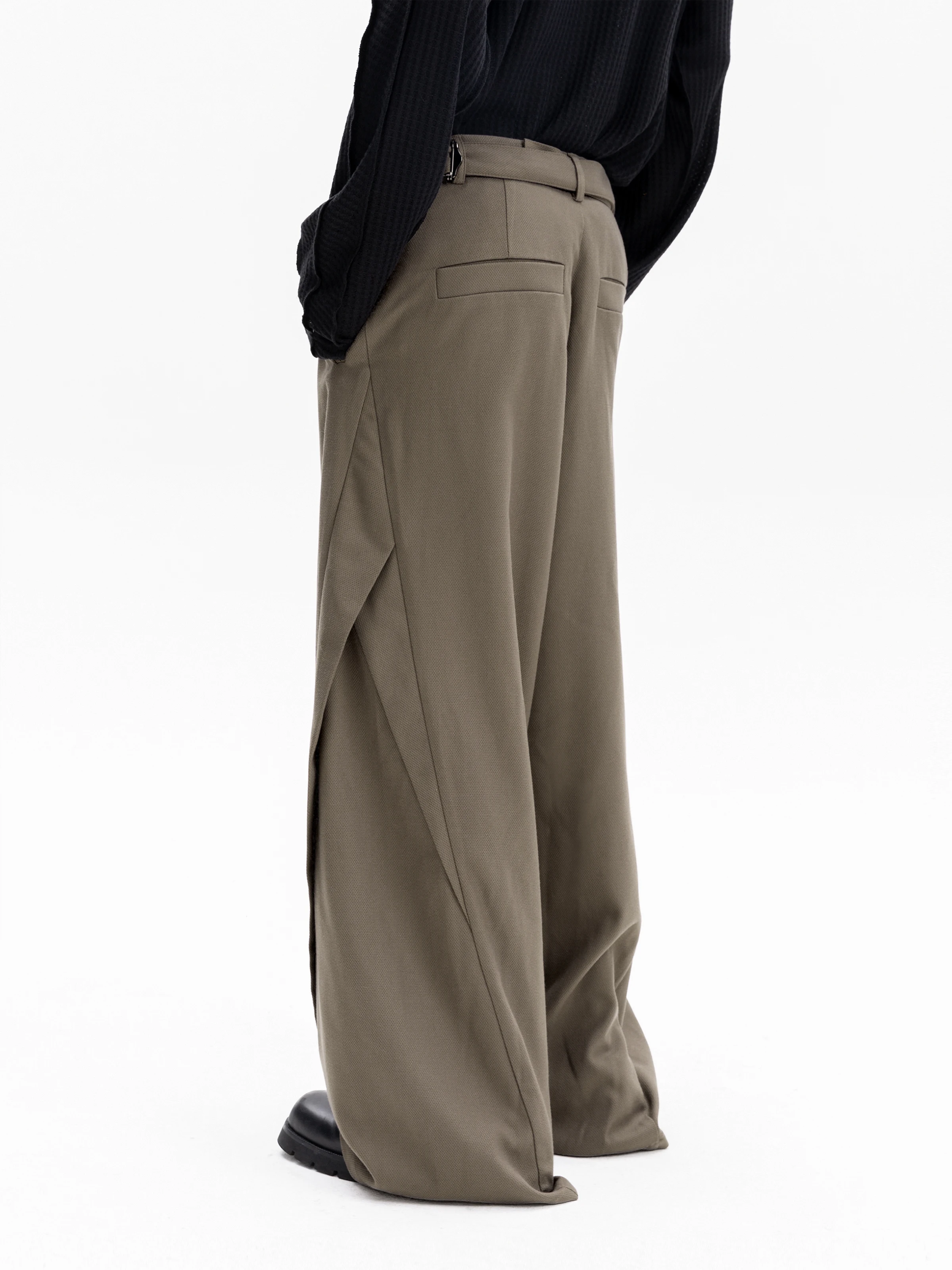 Dark Texture Fabric Profile Paris Buckle Oblique Cut Structure Drooping Wide-Leg Pants Black Trousers