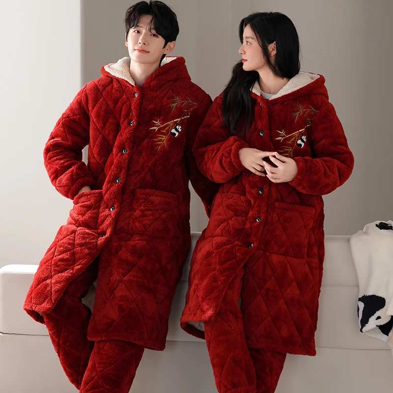 เสื้อคลุมอาบน้ำมีฮู้ดผ้าฝ้ายหนา 3 ชั้น + กางเกง สำหรับผู้ชายและผู้หญิง ฤดูหนาว อุ่นสบาย สไตล์กิโมโน