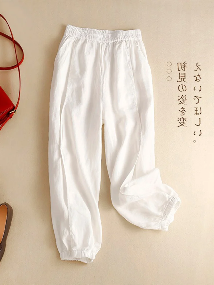 Spodnie damskie z wysokim stanem, luźny krój, długość 7/8, haremki, casualowe, z lnu, vintage, z detalami na zamek, model wyszczuplający.