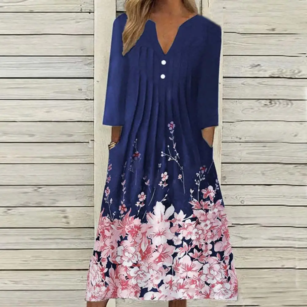 Midi Kleid Drei Viertel Ärmeln Frauen Kleid Große Saum Blume Sommerkleid