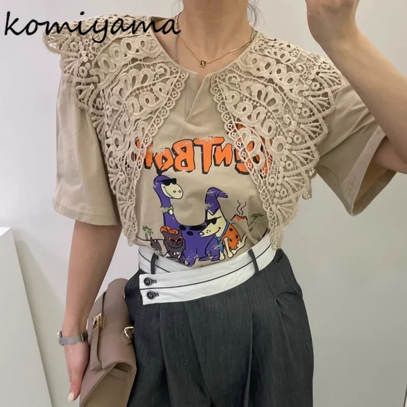 Komiyama Vintage Elegant Hollow Out Lapel Women T-shirts Summer Funny Cartoon Printed Tee Shirt All-match Short Sleeve Tops