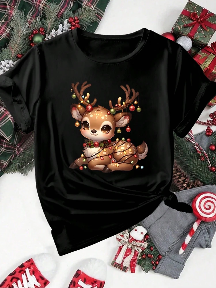 Cute Christmas Elk Printing Women T Shirt Cartoon Casual Short Sleeve O-Neck Women Red Tshirt Ladies Y2k T-shirt Female