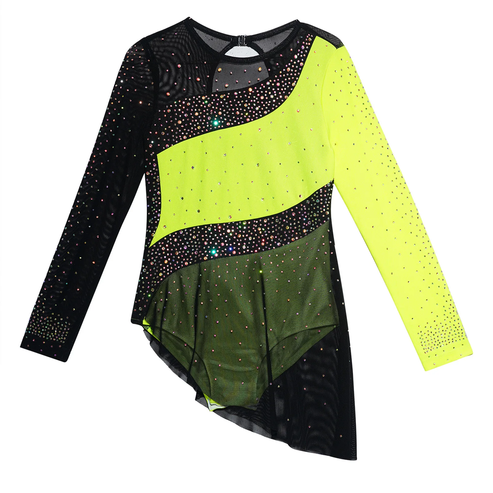 Body da pattinaggio di figura per ragazze, ginnastica ritmica, balletto, danza, costume, manica lunga, maglia trasparente, strass, abbigliamento da ballo lirico