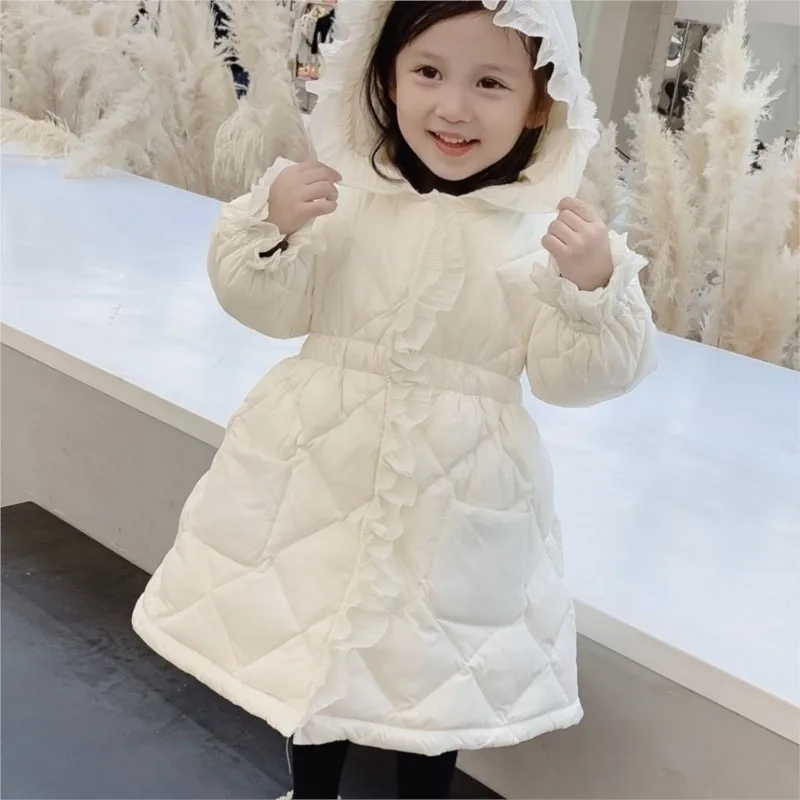 2024 new Winter Girls Kids Cotton Thick Warm Long Coats Elegant Baby Ruffles Hooded Overcoats Children Clothing