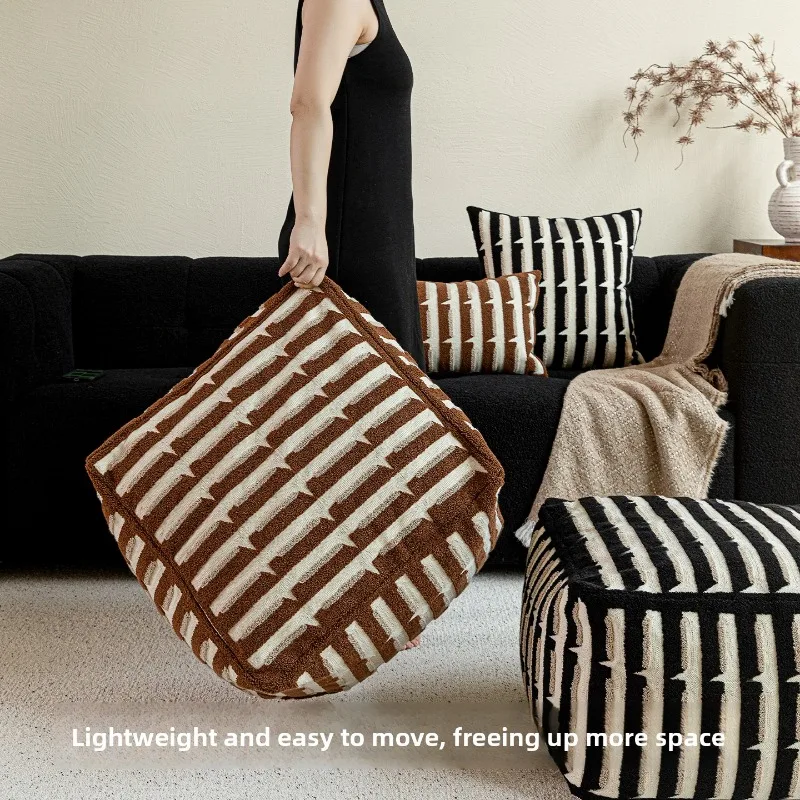 Mid-Century Black Striped Floor Cushion Multi-Purpose Ottoman Pouf Footstool Premium Tufted Seating for Living Room Lounge Sofa