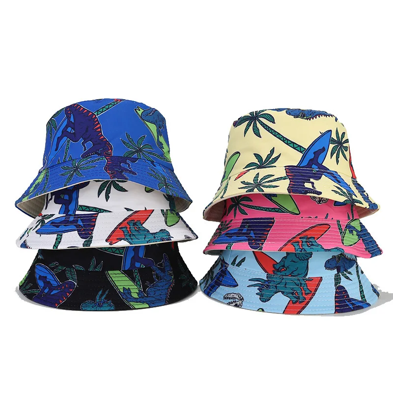 Bocca Children Bucket Hat Cartoon Fisherman Hats Boy Girl Kids Panama Cap Dinosaur Pattern Printing 54cm Outdoor Shading Beach