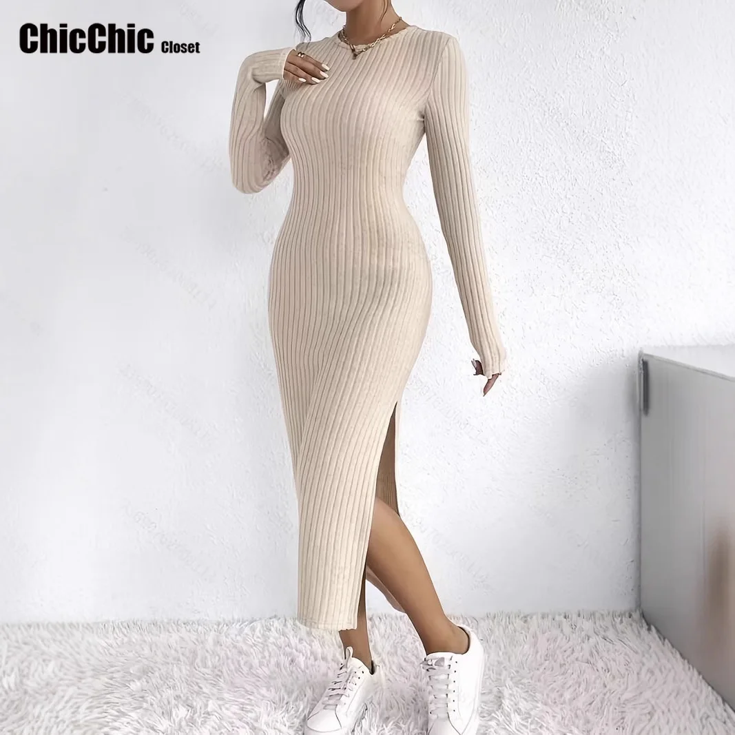 Weiblicher Pullover, Oberschenkel, gerippt, figurbetontes Kleid, lässig, langärmelig, O-Ausschnitt, Kleid für Herbst und Winter, Damenbekleidung, 2025, Neu