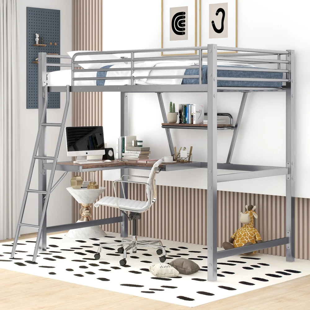 Children Beds Twin Size Loft Metal MDF Bed Desk and Shelf Silver Bed for Boys Bunk Beds for Kids Baby Furniture Girls Bed US