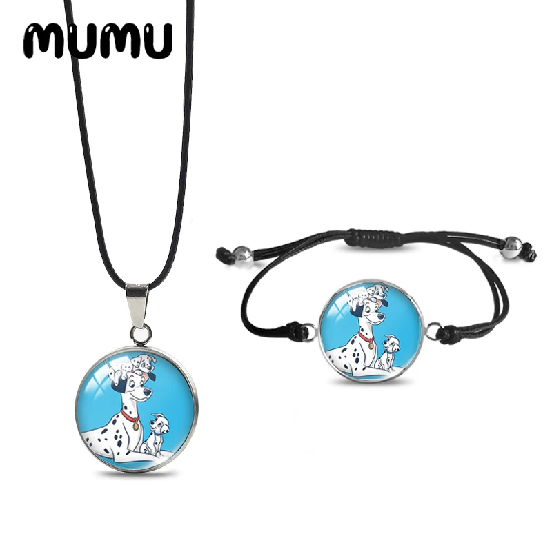 2024 New 101 Dalmatians Dogs Necklace Bracelet Set Black Rope Glass Cabochon Jewelry Sets Handmade Items