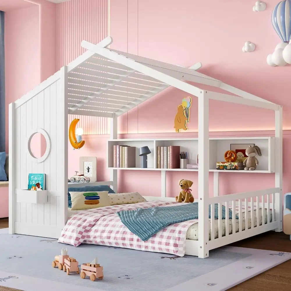 

Large Wooden Playhouse Bed with Storage Shelves for Kids, Suitable for Girls & Boys in White