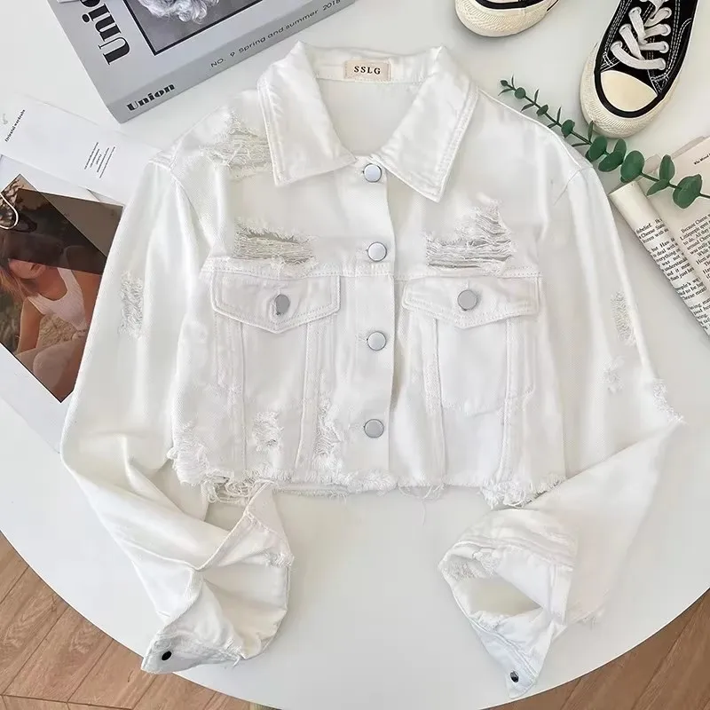7 Colors Frayed Burrs Hole Denim Jacket Women Casual Short Cowboy Outerwear 2026 Spring New Lapel Long Sleeve Jeans Jacket Coat