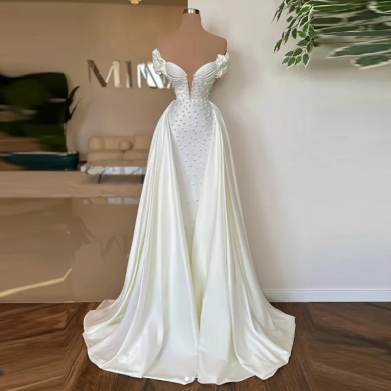 

Customized Off the Shoulder Pearls Prom Dress Vestidos De Novia Evening Dresses Satin Detachable Train Wedding Gown