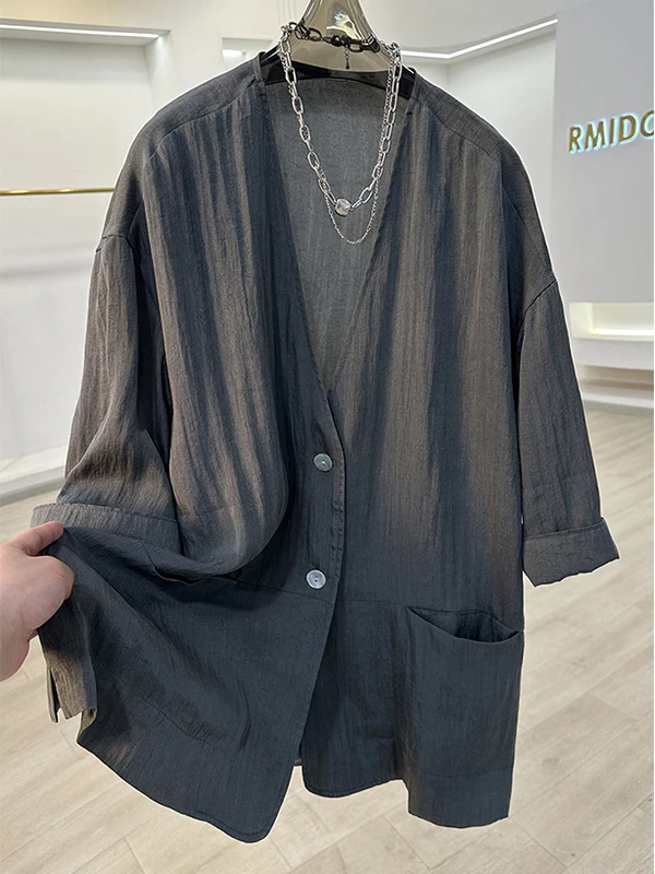 

plus Size Elegant Casual V-Neck Midi Sleeve Suit Jacket Thin Loose Top Summer Comfortable Korean Style Pear Body Type