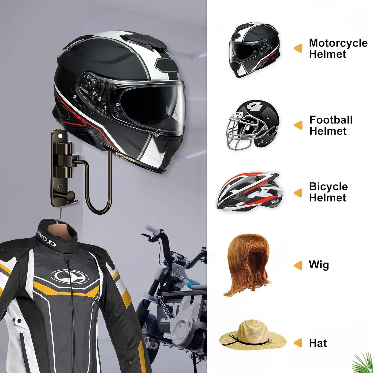 

Мотоцикл Шлем Вешалка Настенное крепление Поворот на 180 ° Держатель шлема Для Мотоцикл Велосипед Гонки Верхняя одежда спортивное снаряжение Организатор хранения