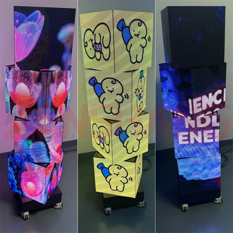 متعدد الطبقات قائم على الأرض عمودي 4 جوانب مكعب دوار LED لوحة إضاءة مربعة عرض لإعلان تقديم الطعام في المول #5