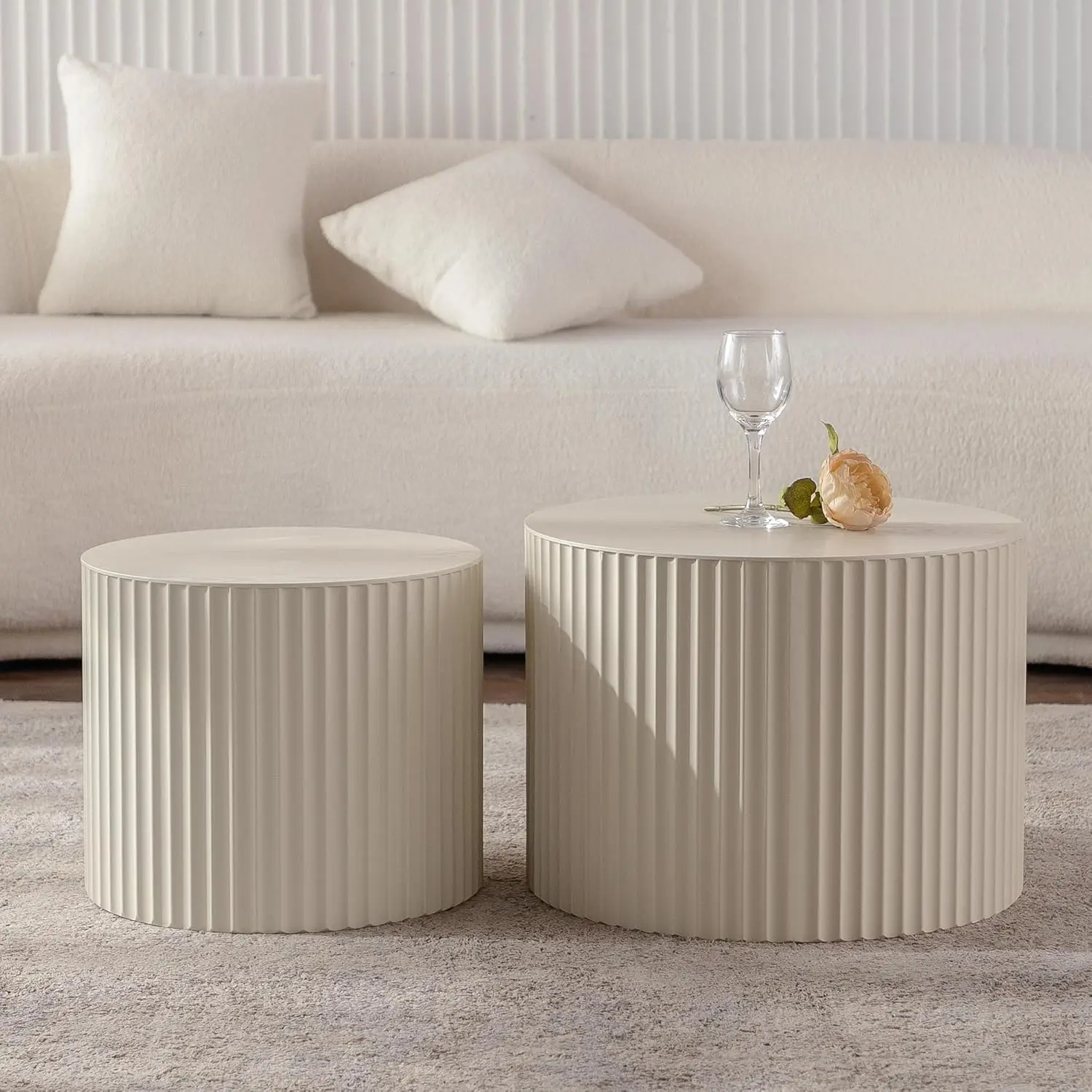 

Modern Wood Nesting Table Set 2pc Round Coffee Side 18.9in Living Room Apartment No Assembly,Customized