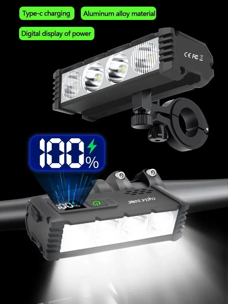 AliExpress cycle zone 4 LED Bicycle Headlight Flashlight Digital Display Bike Head Lamp Type-C Charging Front Light for Outdoor Night Cycling Safety