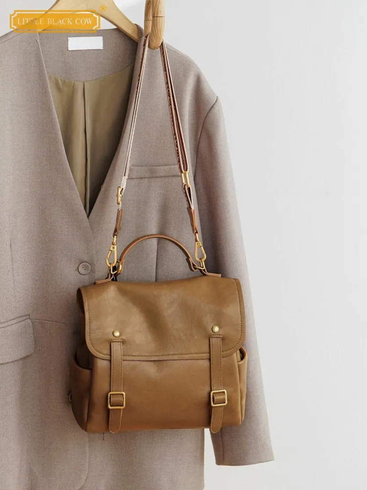 

American Style Vintage Women Flap Laptop Backpack PU Leather Backpack School Student Bag Solid Color Casual Fashion Lady Design